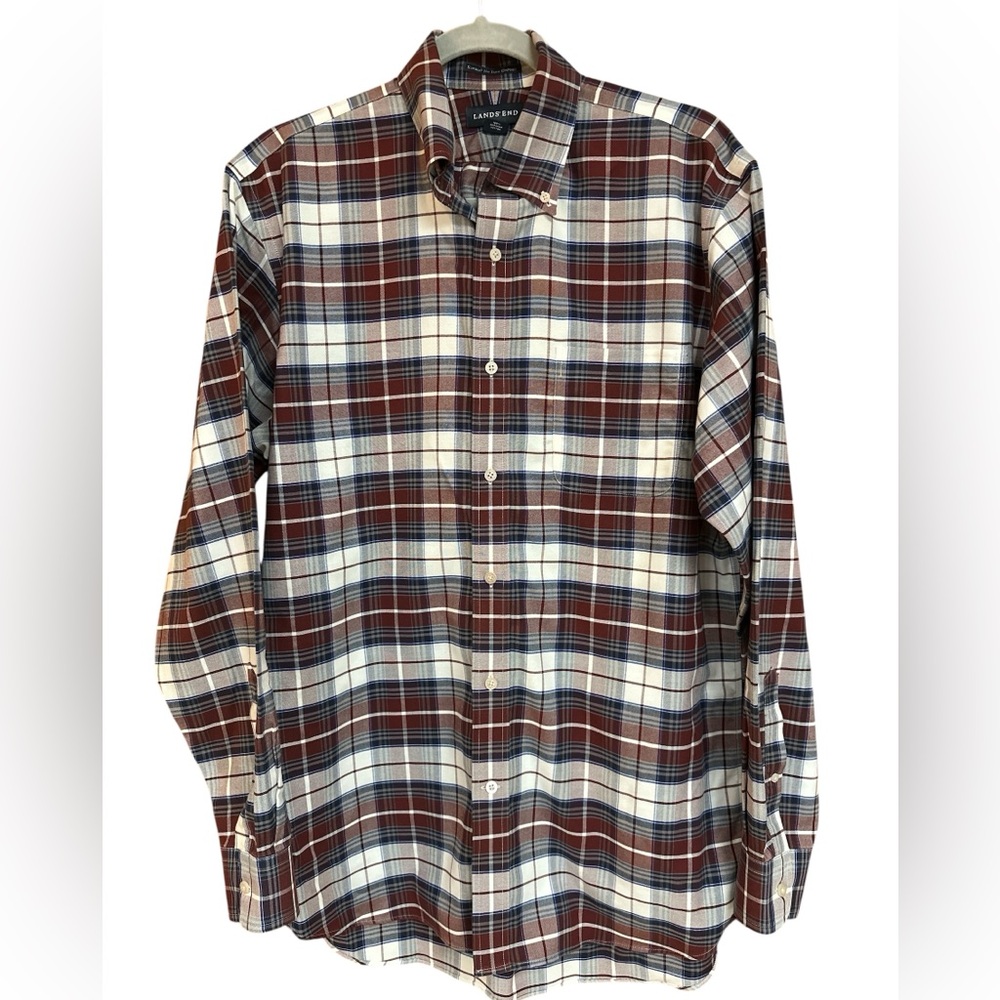 Lands End Supima No Iron Burgundy Blue White Plaid Button-down Oxford 15.5-35